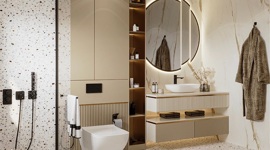 Floating Matte Vanity with Fluted Panels and Quartz Countertop