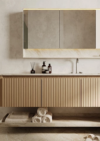 Modern Floating Vanity with Fluted Front and Integrated Sink