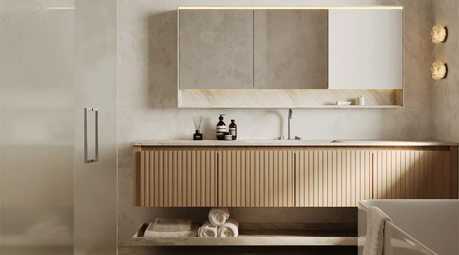 Modern Floating Vanity with Fluted Front and Integrated Sink