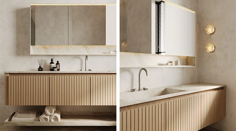 Modern Floating Vanity with Fluted Front and Integrated Sink