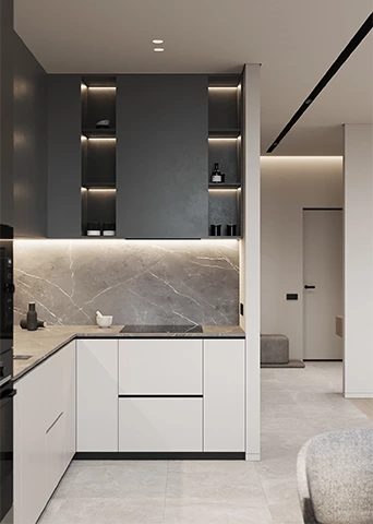 L-Shaped Minimalist Kitchen with Sintered Stone and Open Shelving