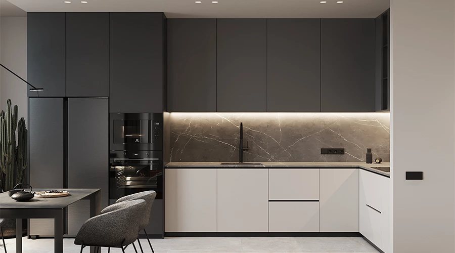L-Shaped Minimalist Kitchen with Sintered Stone and Open Shelving