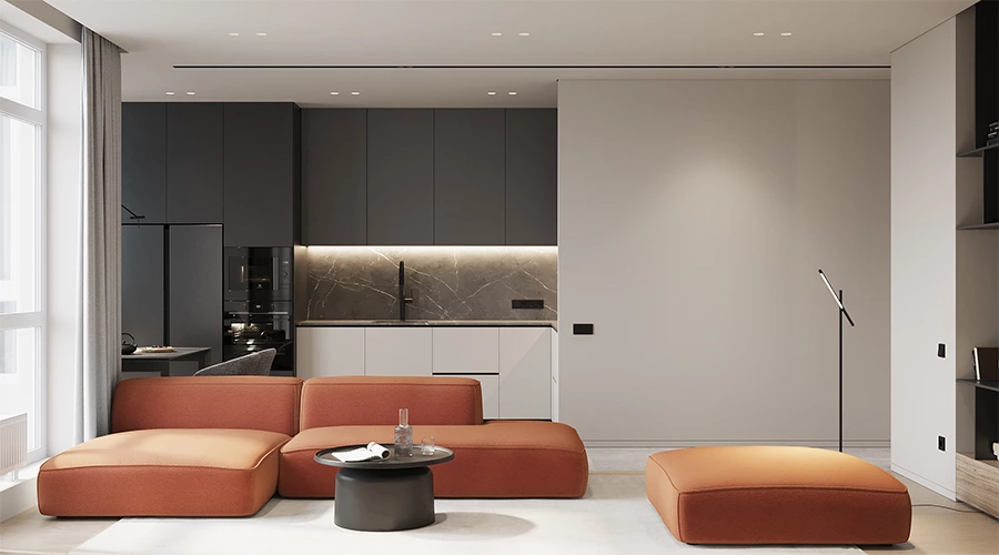 L-Shaped Minimalist Kitchen with Sintered Stone and Open Shelving