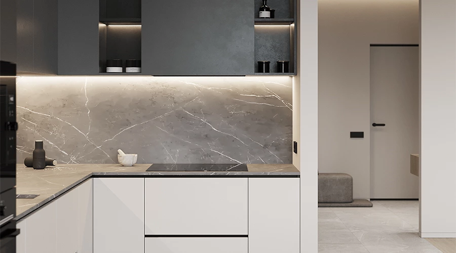 L-Shaped Minimalist Kitchen with Sintered Stone and Open Shelving
