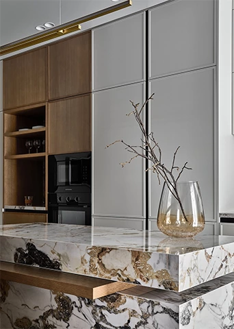 Modern Kitchen Design with Matte Shaker Cabinets and Marble Island