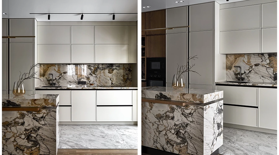 Modern Kitchen Design with Matte Shaker Cabinets and Marble Island