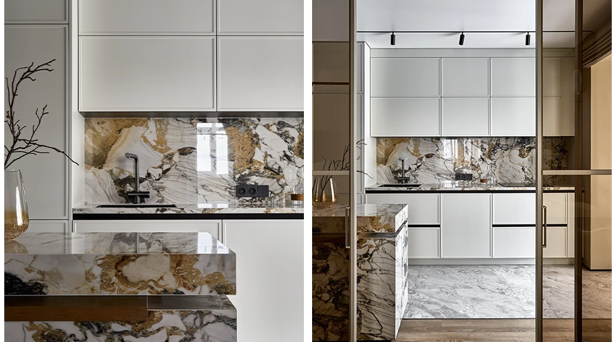 Modern Kitchen Design with Matte Shaker Cabinets and Marble Island
