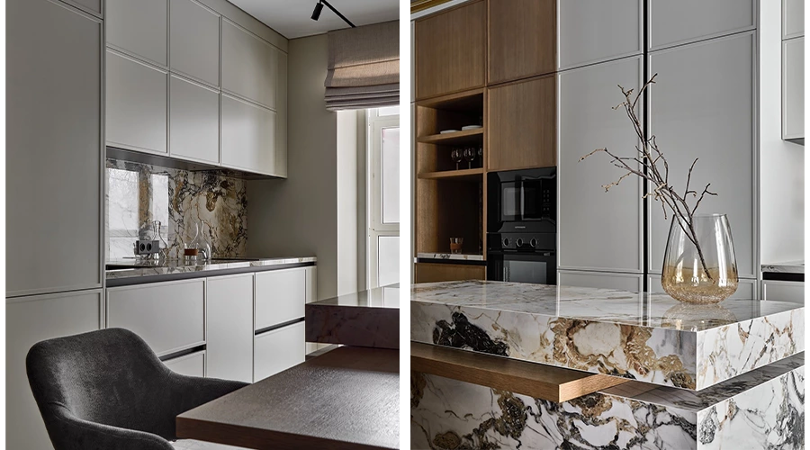 Modern Kitchen Design with Matte Shaker Cabinets and Marble Island