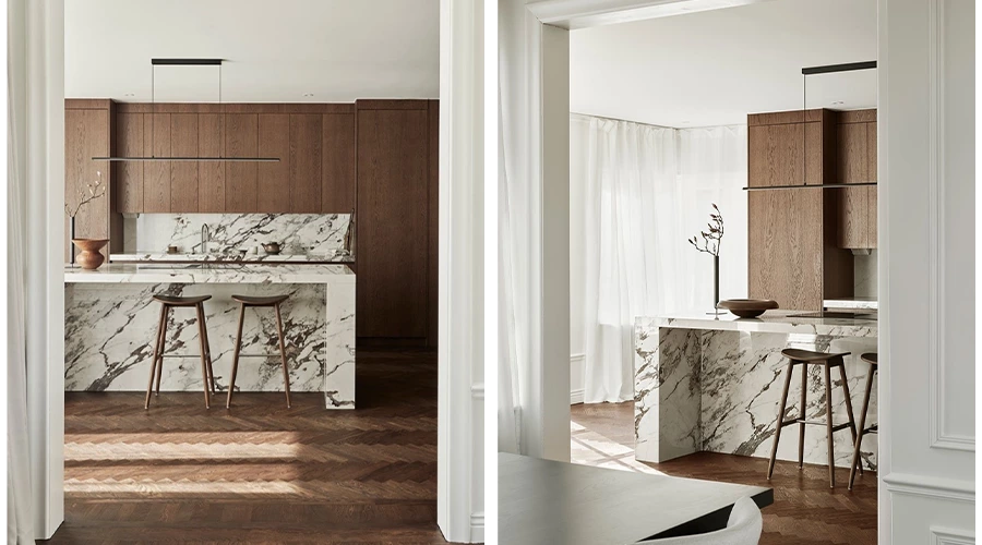Natural Wood Kitchen cabinets with Marble Island and Fluid L-Shaped Layout