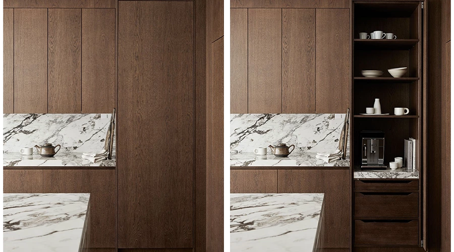 Natural Wood Kitchen cabinets with Marble Island and Fluid L-Shaped Layout