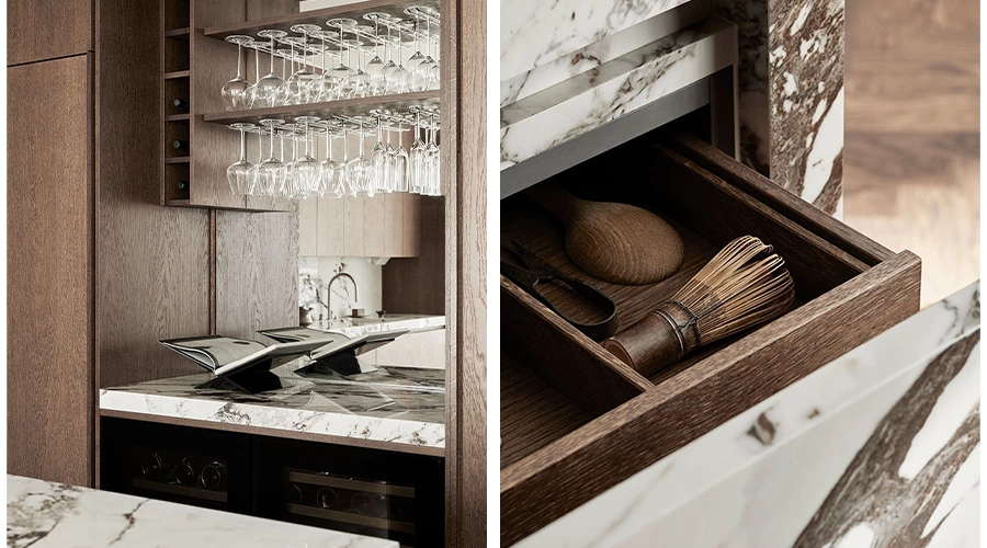 Natural Wood Kitchen cabinets with Marble Island and Fluid L-Shaped Layout