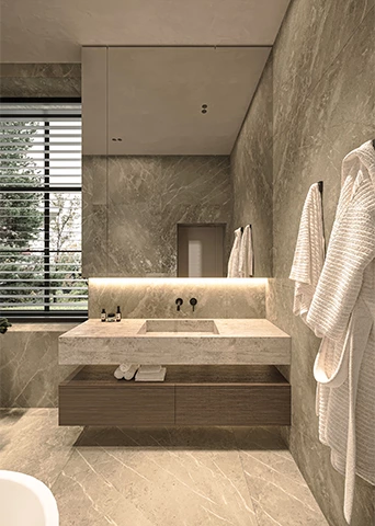 Modern Bathroom with Floating Vanity and Side Opening Mirror Cabinet