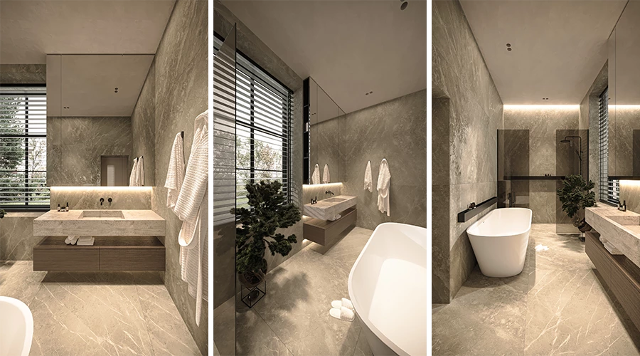 Modern Bathroom with Floating Vanity and Side Opening Mirror Cabinet