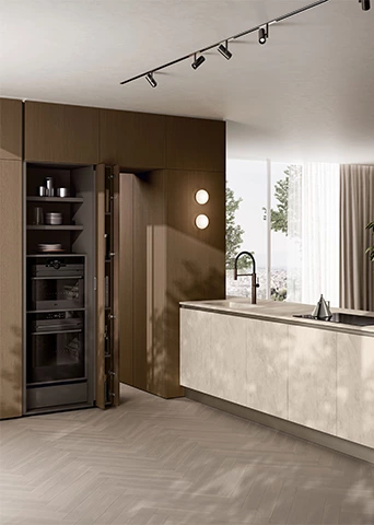 Minimalist Wood Kitchen with Sintered Stone Island & Pantry
