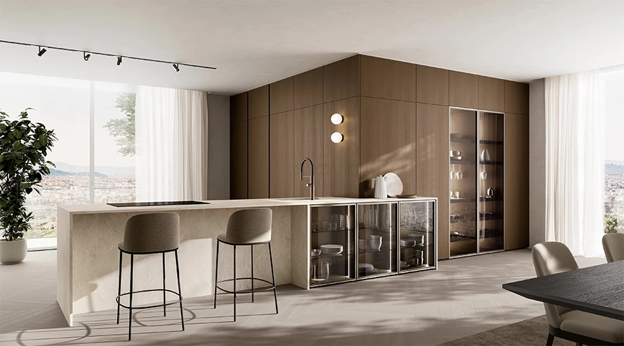 Minimalist Wood Kitchen with Sintered Stone Island & Pantry