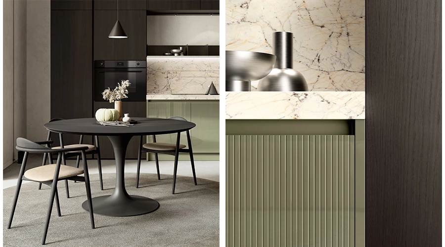 Modern Sage Green Kitchen with Dark Walnut & Sintered Stone