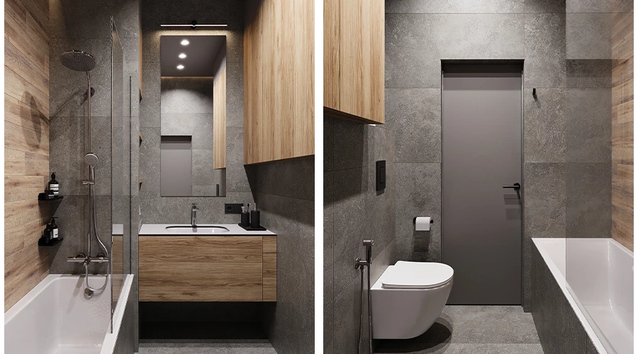 Maximize Bathroom Design with Hidden Storage and Warm Textured Elegance