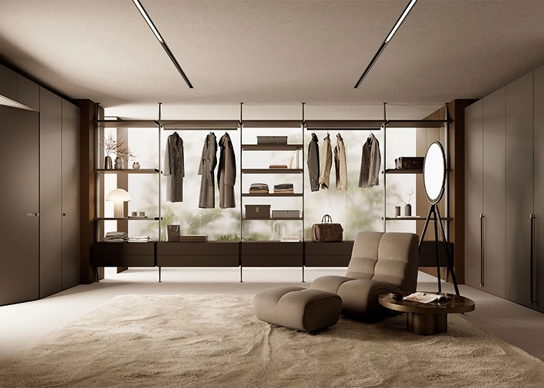 Luxury Rich Brown Walk In Wardrobe With Flush Front Bifold Doors