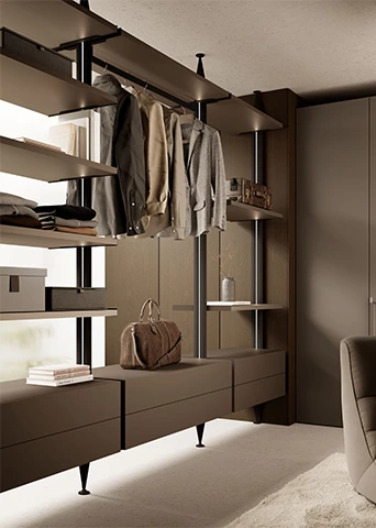 Luxury Rich Brown Walk In Wardrobe With Flush Front Bifold Doors