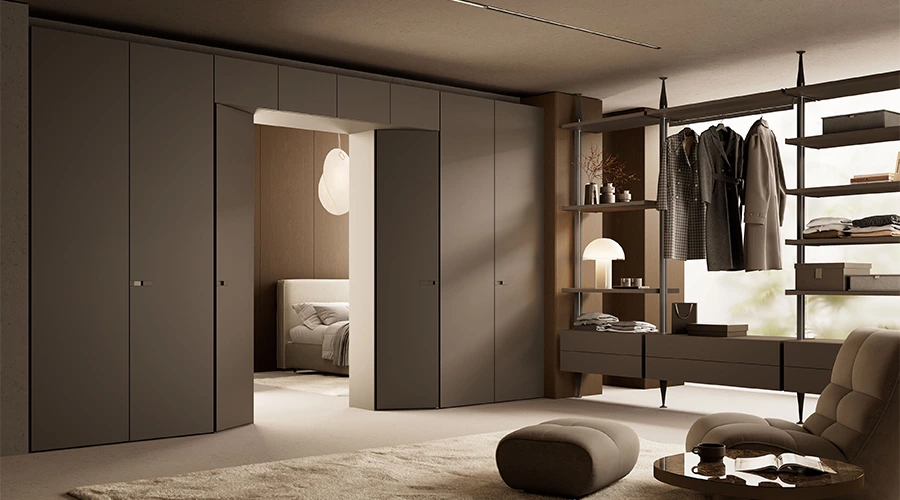 Luxury Rich Brown Walk In Wardrobe With Flush Front Bifold Doors