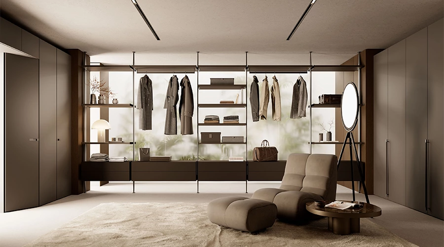 Luxury Rich Brown Walk In Wardrobe With Flush Front Bifold Doors
