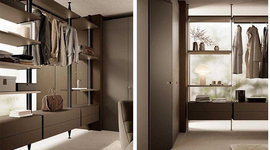 Luxury Rich Brown Walk In Wardrobe With Flush Front Bifold Doors