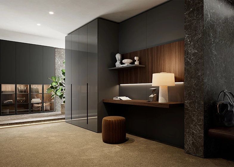 Modern Grey Walk in Wardrobe with Glass Front Storage