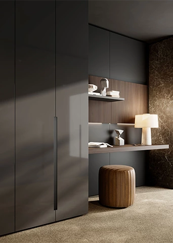 Modern Grey Walk in Wardrobe with Glass Front Storage