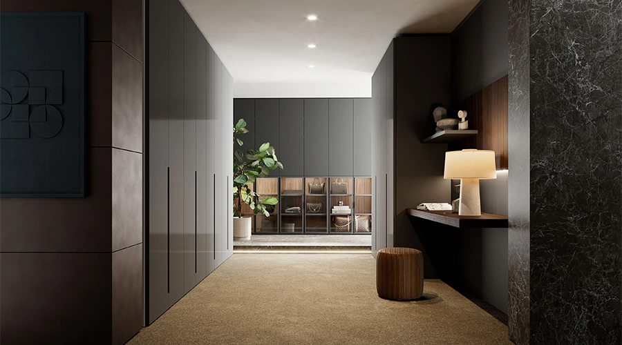 Modern Grey Walk in Wardrobe with Glass Front Storage