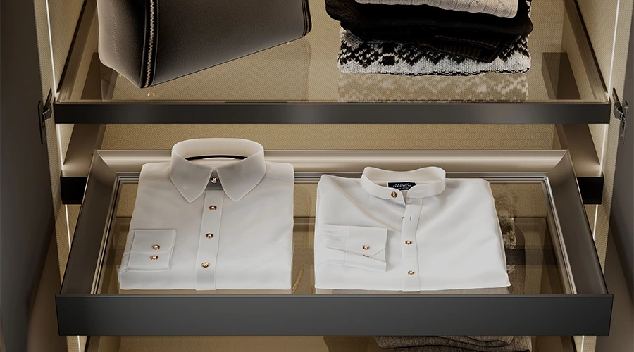 Modern Grey Walk in Wardrobe with Glass Front Storage