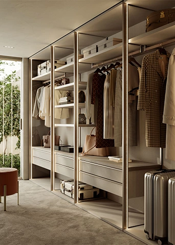 L-Shaped Walk-In Closet System with Greige Drawers and Gold Frame