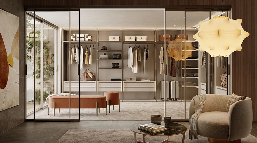 L-Shaped Walk-In Closet System with Greige Drawers and Gold Frame