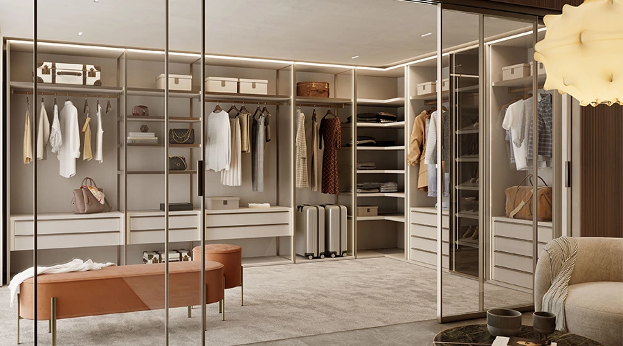 L-Shaped Walk-In Closet System with Greige Drawers and Gold Frame