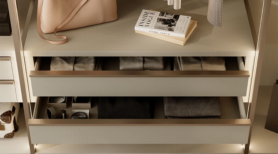 L-Shaped Walk-In Closet System with Greige Drawers and Gold Frame