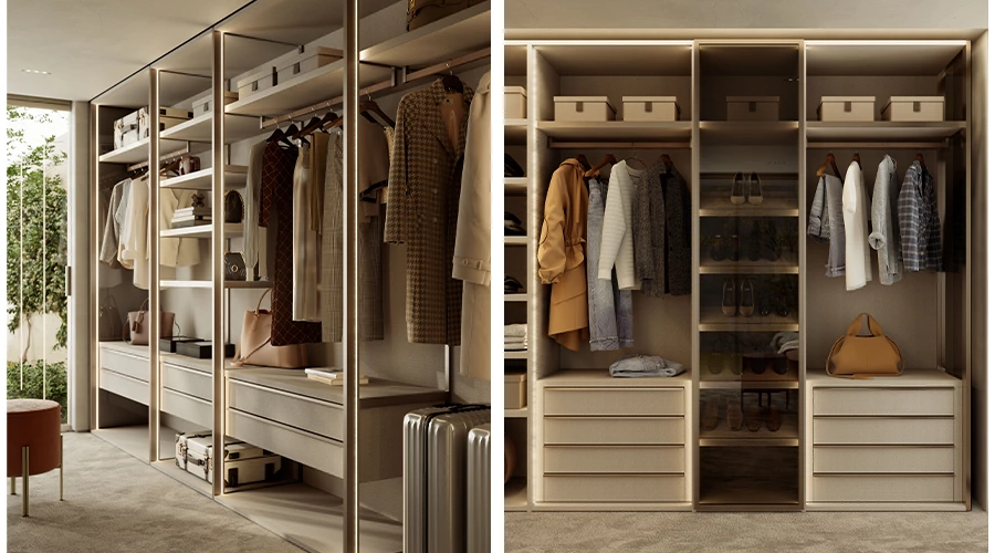 L-Shaped Walk-In Closet System with Greige Drawers and Gold Frame