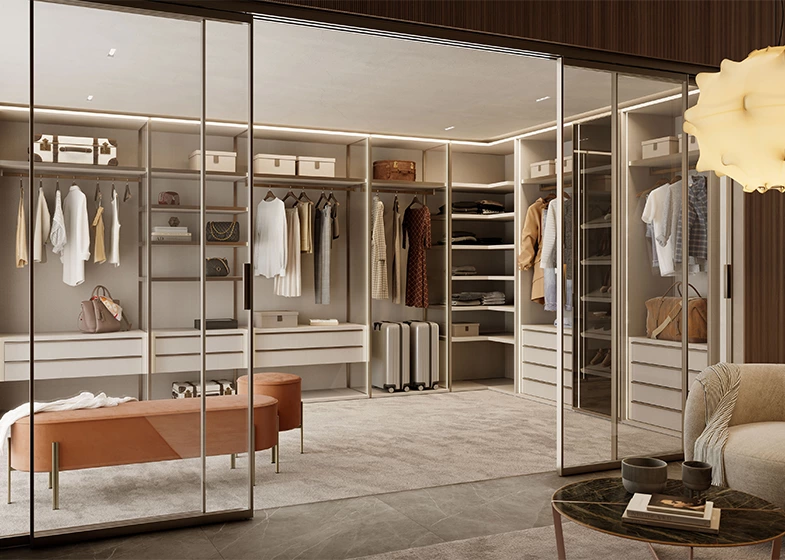 L-Shaped Walk-In Closet System with Greige Drawers and Gold Frame