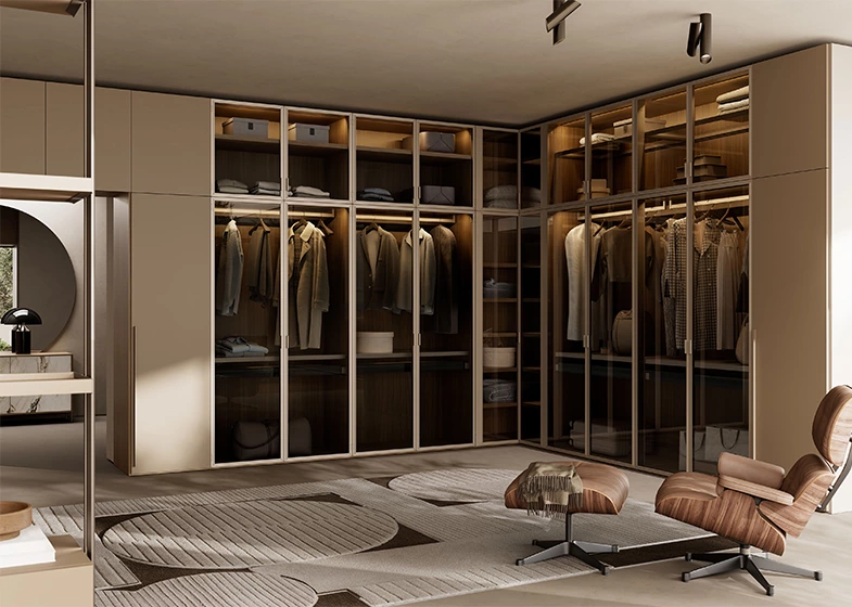 Modern Luxury Wardrobe with Tinted Glass and Slim Metal Frame Design