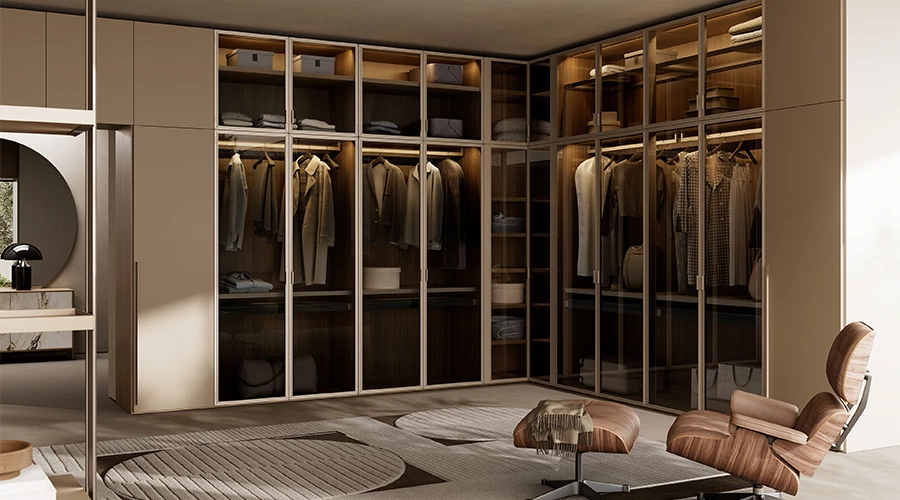 Modern Luxury Wardrobe with Tinted Glass and Slim Metal Frame Design