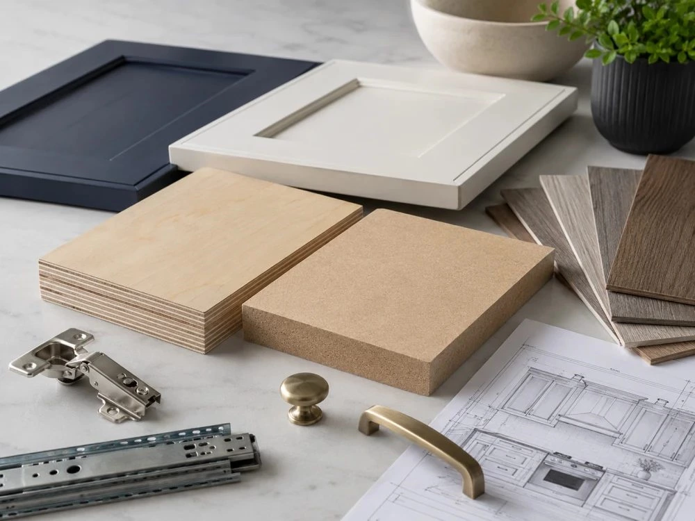 Kitchen cabinet material selection with plywood MDF and hardware samples