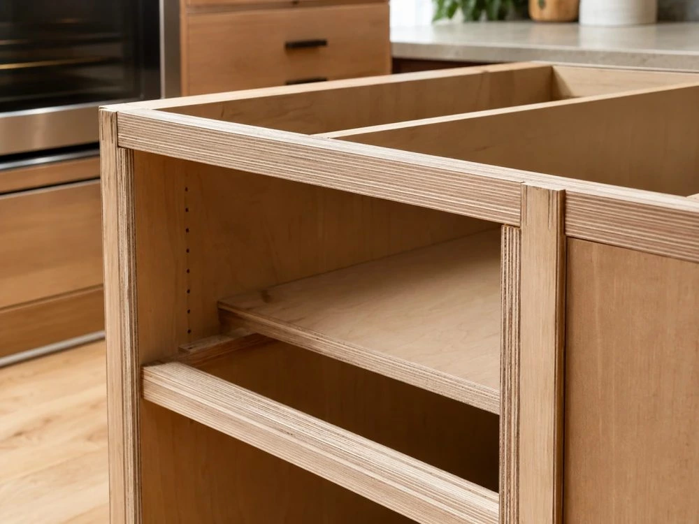 Plywood vs MDF cabinet material comparison table with kitchen samples