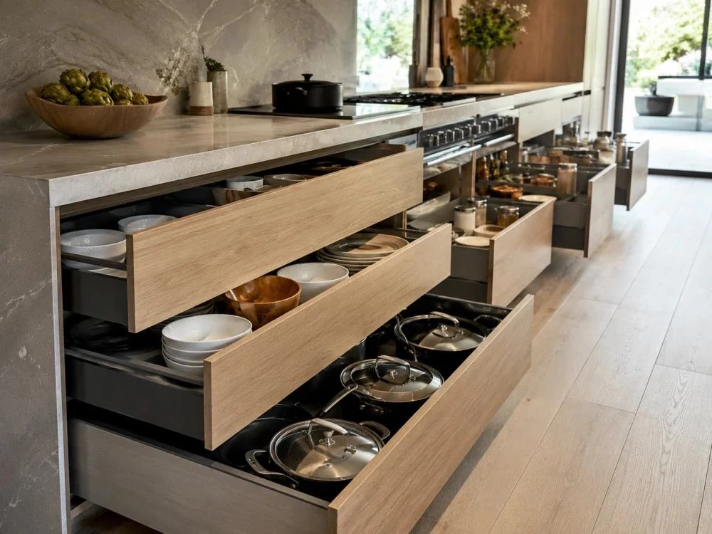 Plywood vs MDF cabinet cost and budget planning with material samples and kitchen drawings