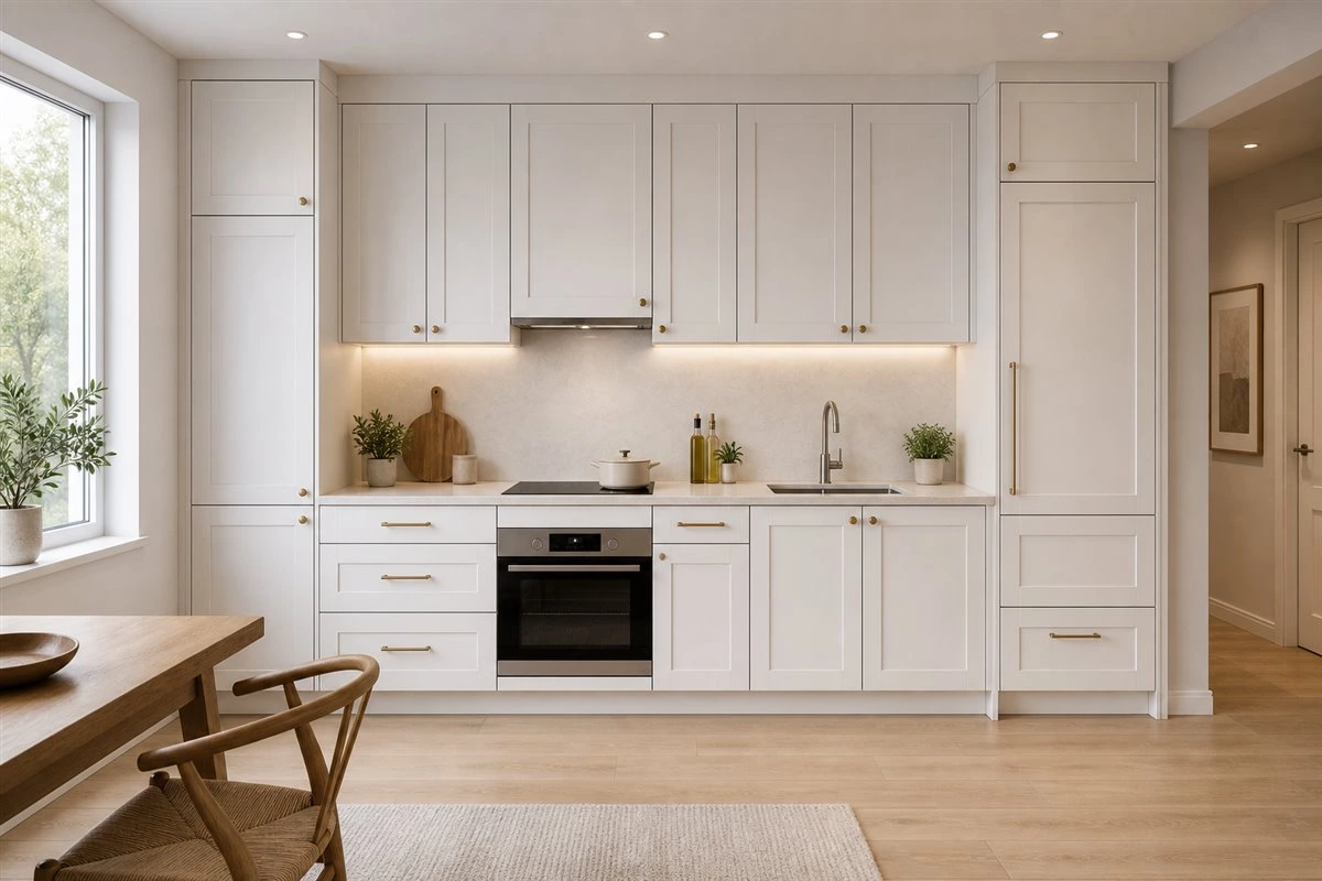 I-shaped white small kitchen cabinets with tall storage