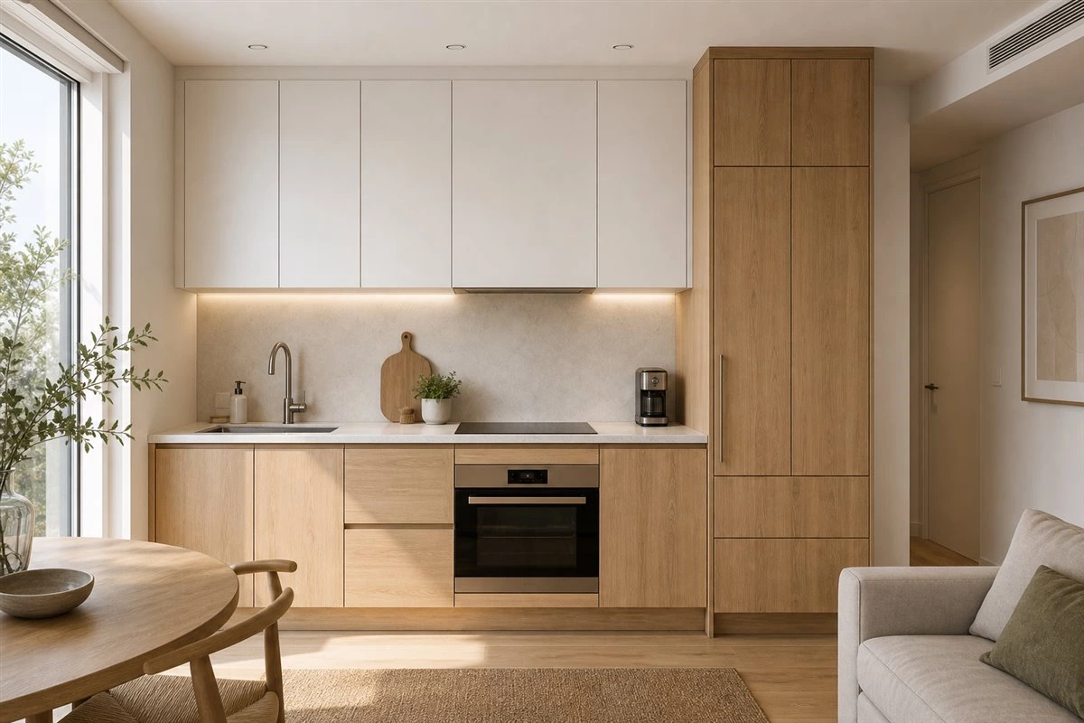 natural wood and white small kitchen cabinet design