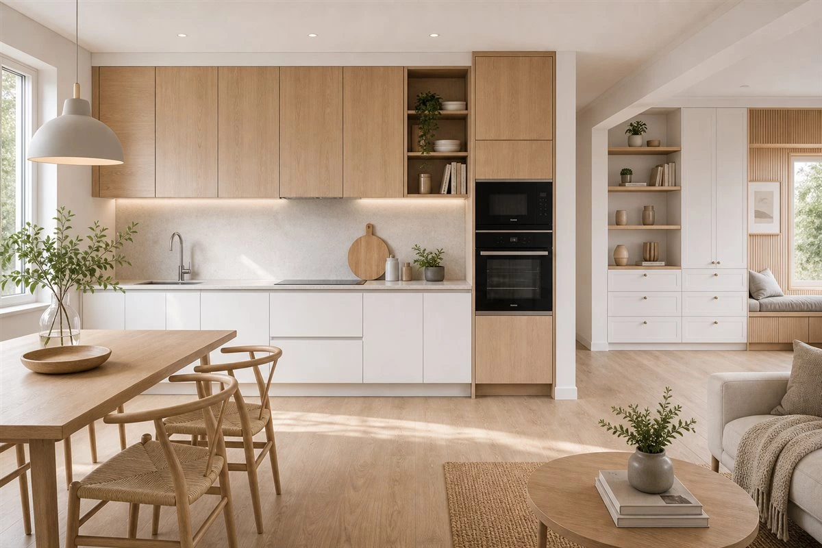 Scandinavian interior cabinet design with light wood and white custom cabinets
