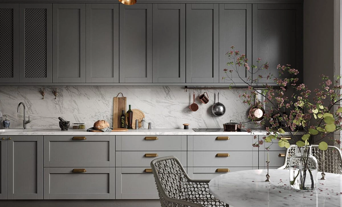 White and grey two tone kitchen cabinets with modern layout