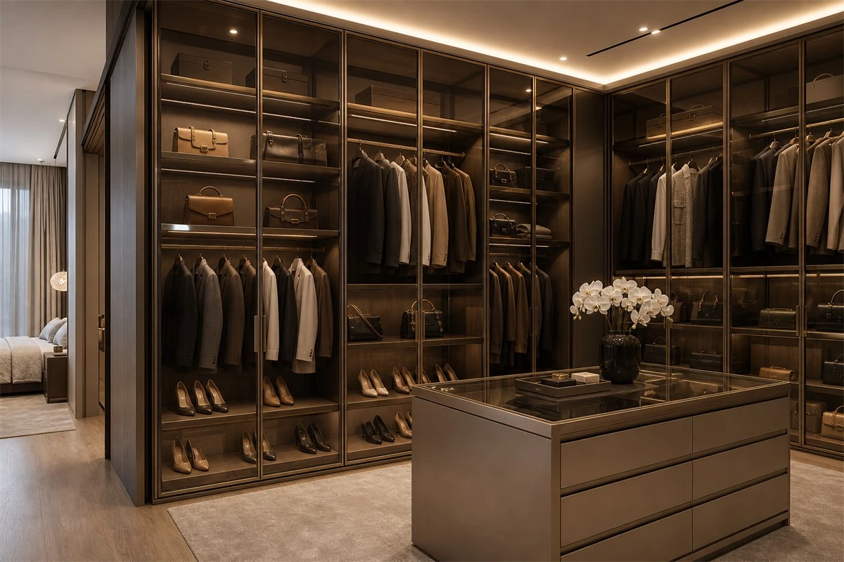 Glass door walk-in closet for luxury villa storage