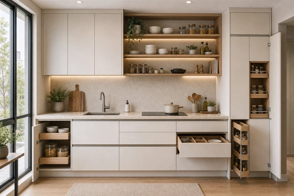 open and closed storage combo for small kitchen cabinets