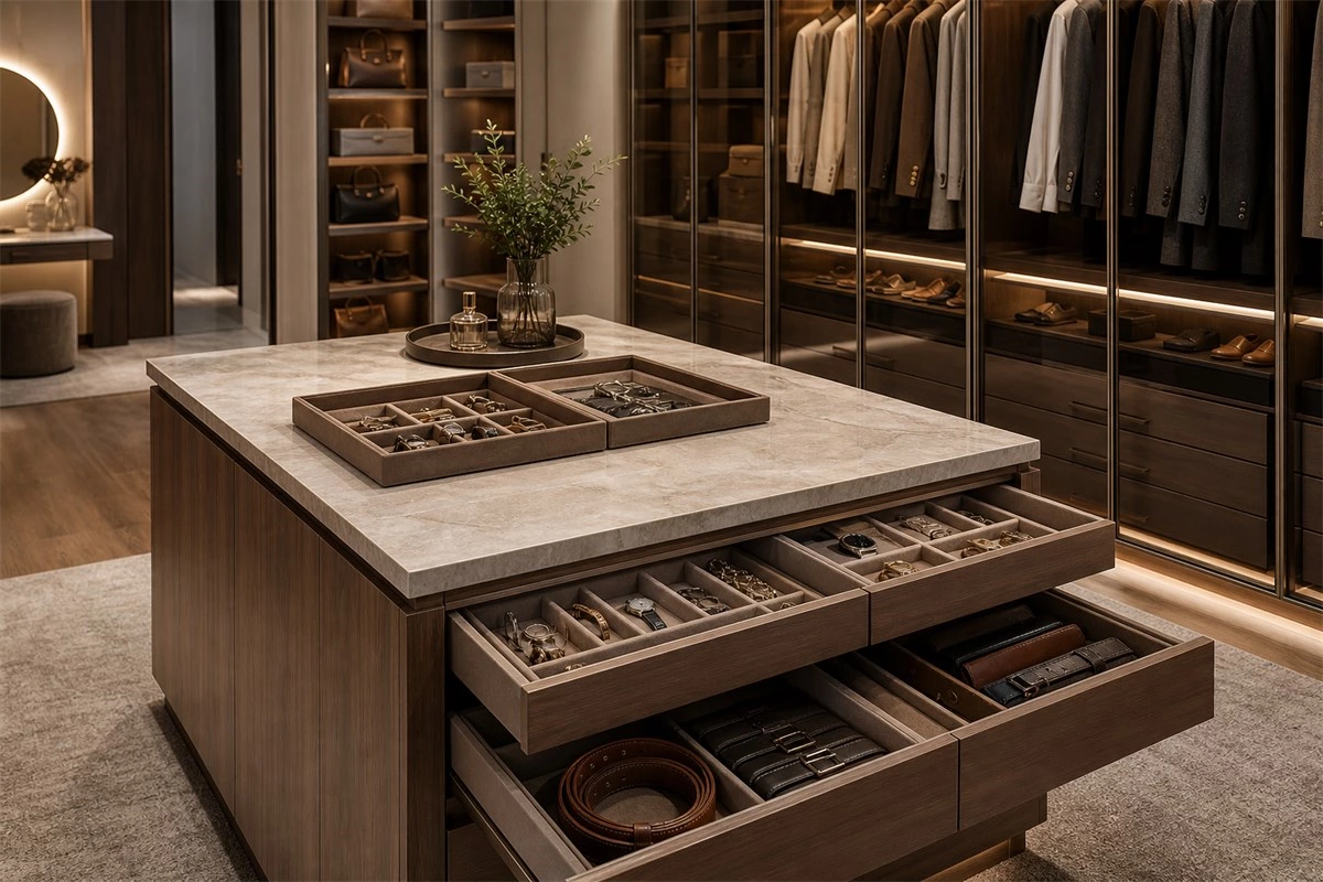 Closet island with drawers and jewelry storage