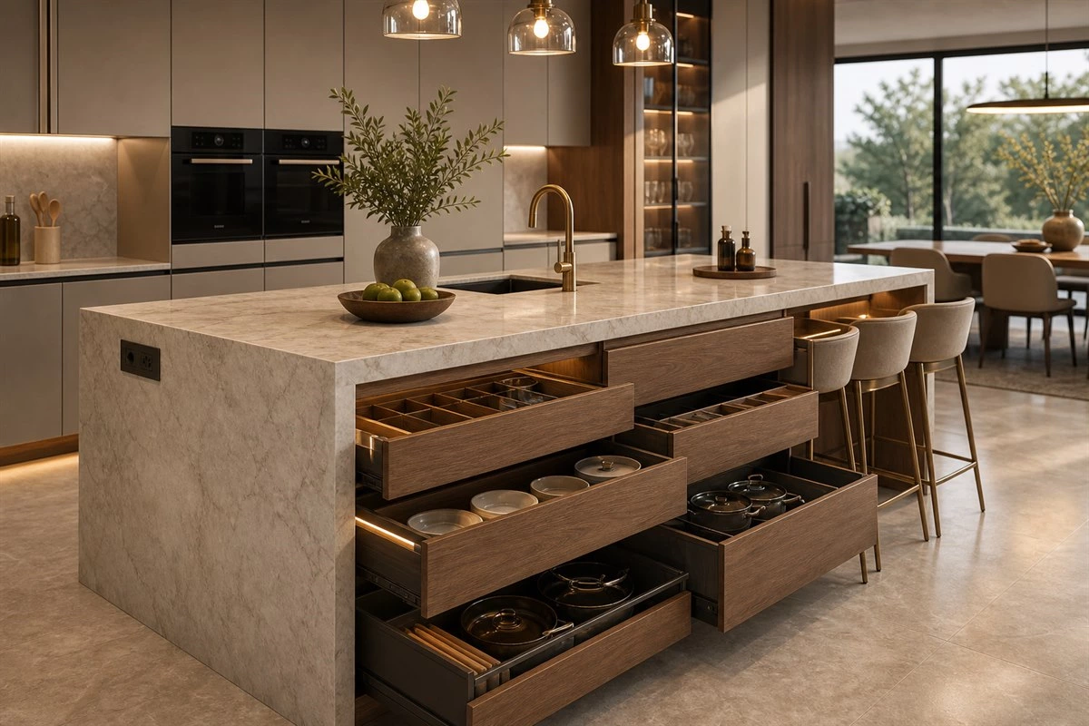 Custom kitchen island cabinet storage idea