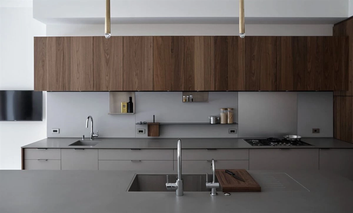 Grey and wood grain kitchen cabinets for warm modern kitchen design